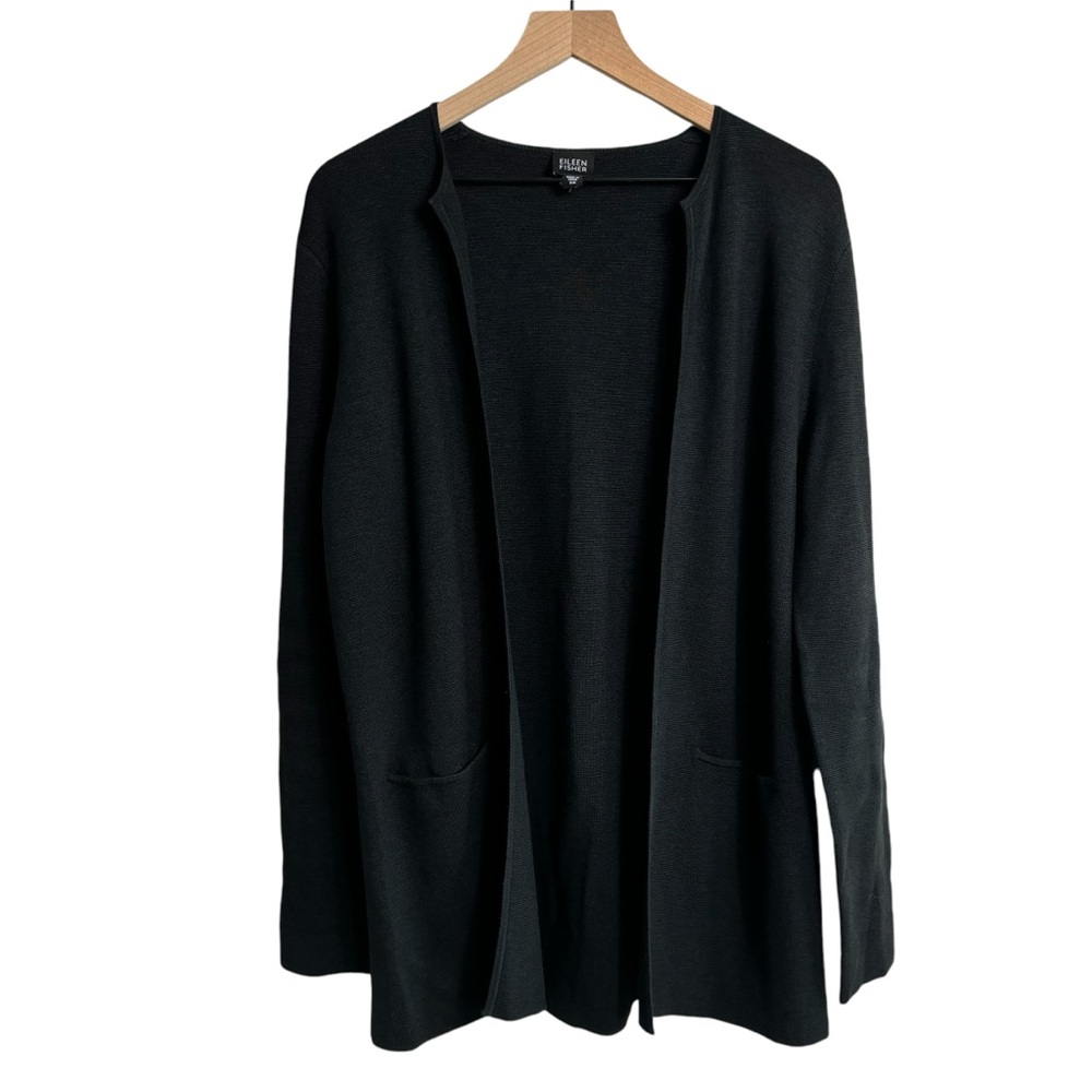 Eileen Fisher Cardigan XS Black Open Front Long Sleeve Jacket Oversized Pockets